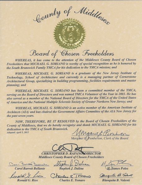 A formal County of Middlesex certificate recognizing Michael G. Soriano for his volunteer service to the YMCA.