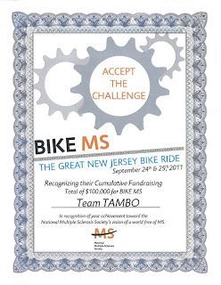 Certificate for Team TAMBO recognizing $100,000 in fundraising for the 2011 Bike MS: The Great New Jersey Bike Ride.