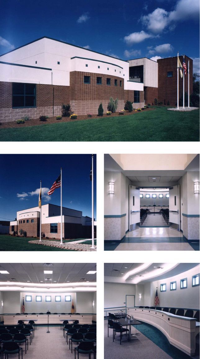 A multi-panel view of a government building, showing its exterior, entrance, and interior meeting chamber.