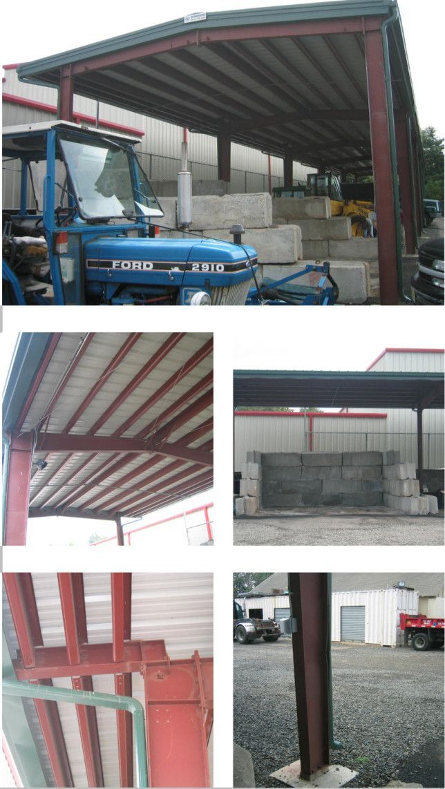 A collage showing a metal-framed storage shed, a blue tractor, and construction details of the steel beams and roofing.
