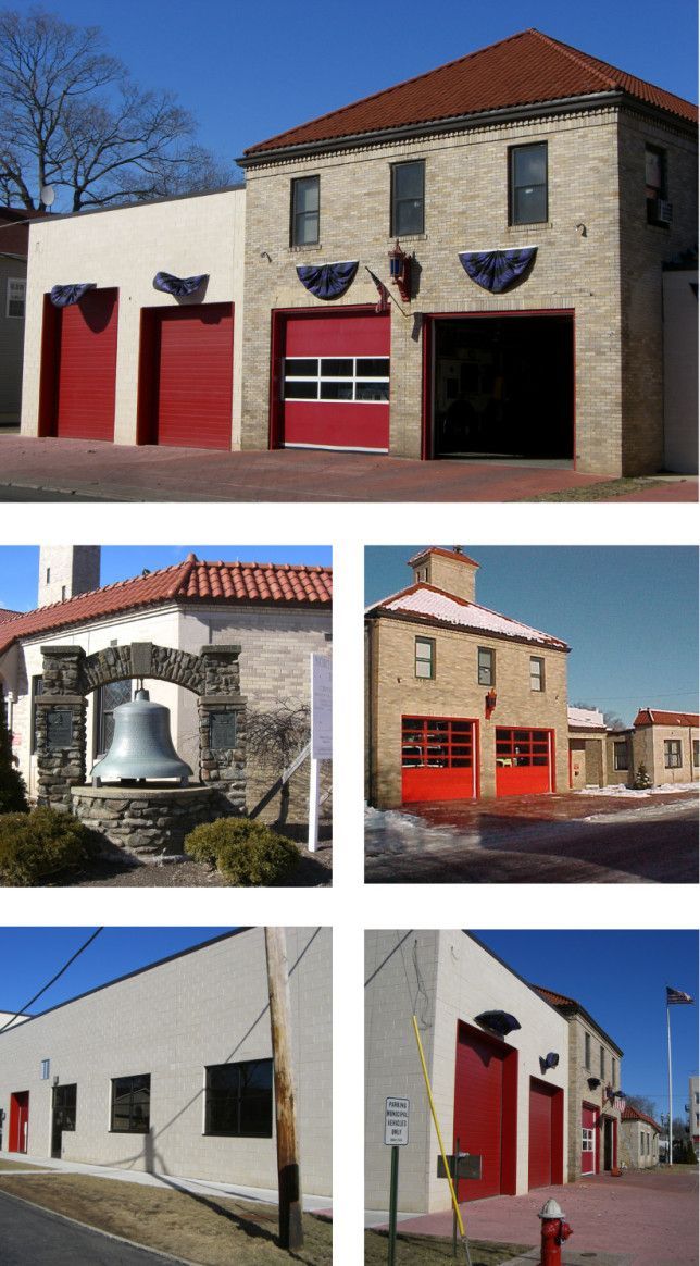 A collage of a tan brick fire station, showing its red garage doors, a decorative fire bell, and views of the building.