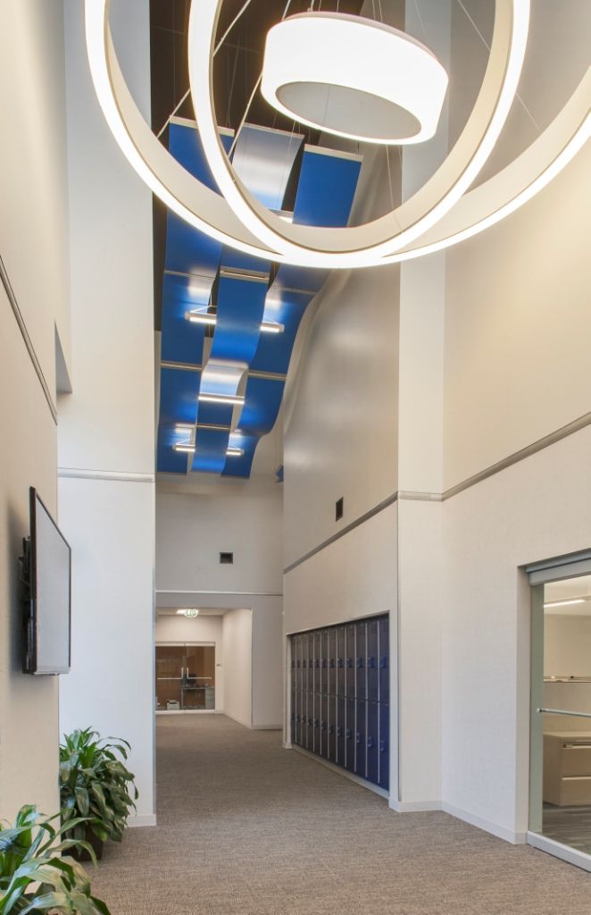 Modern, high-ceilinged hallway featuring a large ring light, blue acoustic ceiling panels, wall lockers, and potted plants.