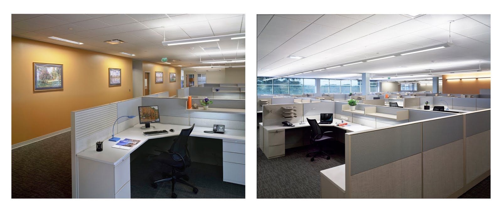 A side-by-side comparison of a modern office interior featuring neutral-colored cubicles and professional lighting.