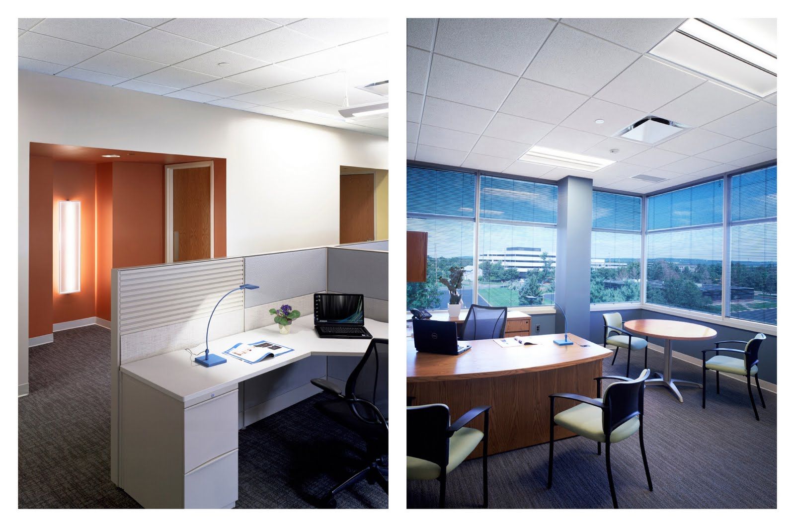 A split view of an office with a white cubicle workstation on the left and a professional desk with chairs on the right.