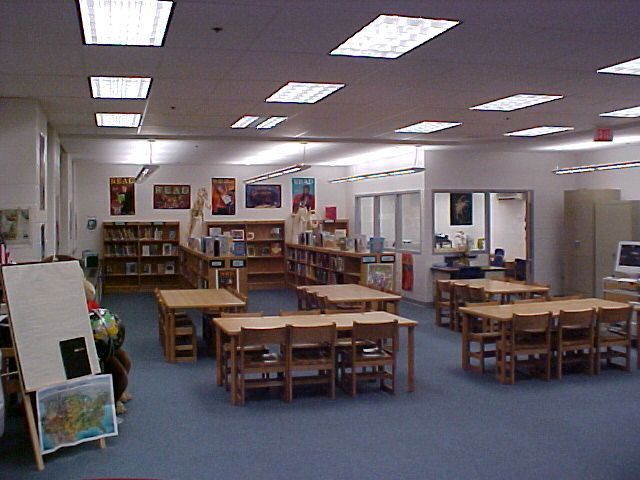 A library interior with wooden tables and chairs, rows of bookshelves, wall posters, and blue carpeted flooring.