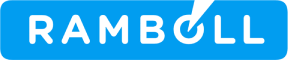 The white, rounded-sans-serif text "RAMBOLL" on a bright blue rectangular background, with a white pointer above the "O".