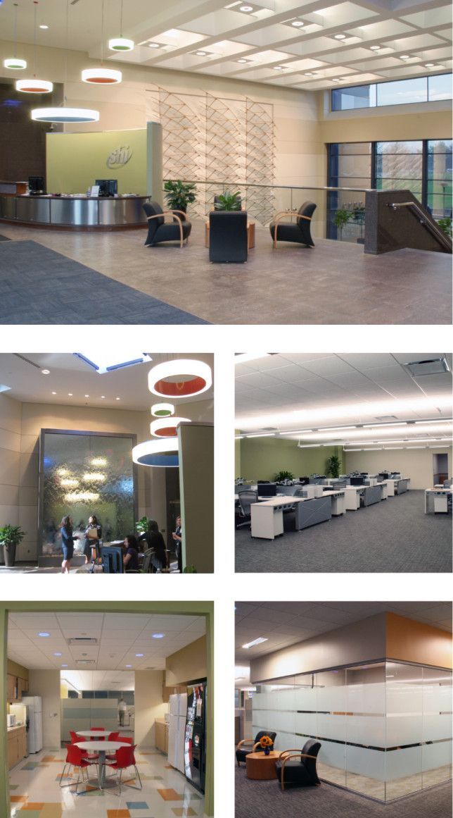 A collage showing various office interior spaces, including a reception area, workstations, a break room, and meeting rooms.