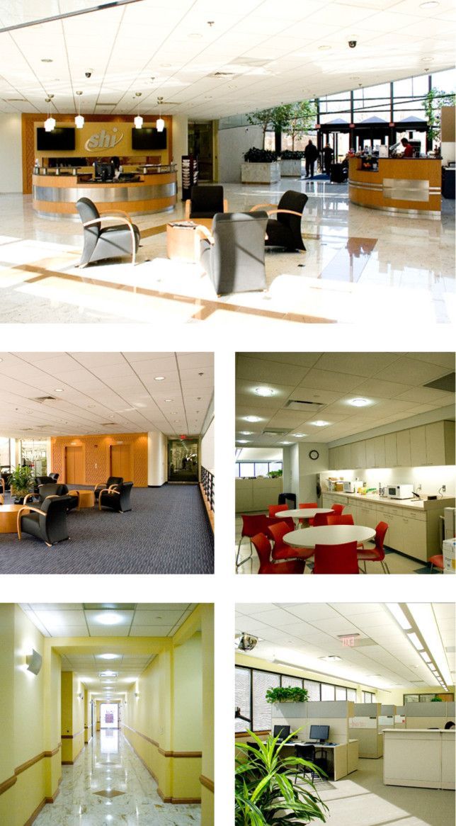 A montage of office interior spaces, including a bright reception lobby, meeting areas, a corridor, and workstation desks.