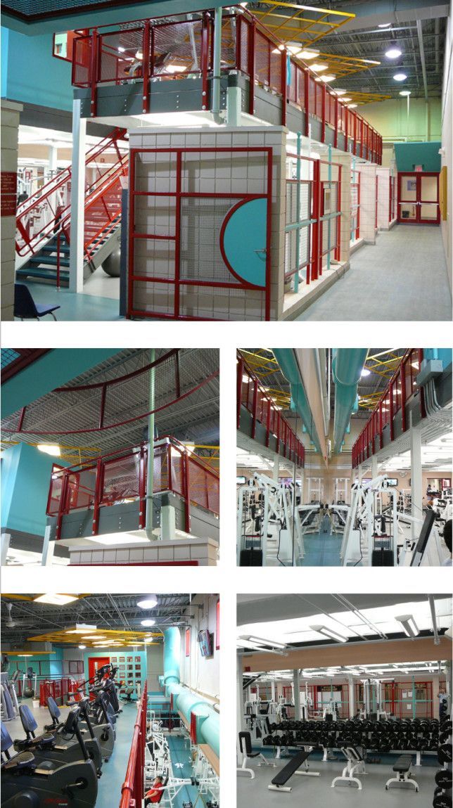 A collage showing a multi-level gym with red railings, exercise machines, and weights under a bright industrial ceiling.