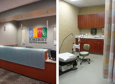Two photos: a Somerset OB/GYN reception desk and a medical examination room with an exam table and chair.