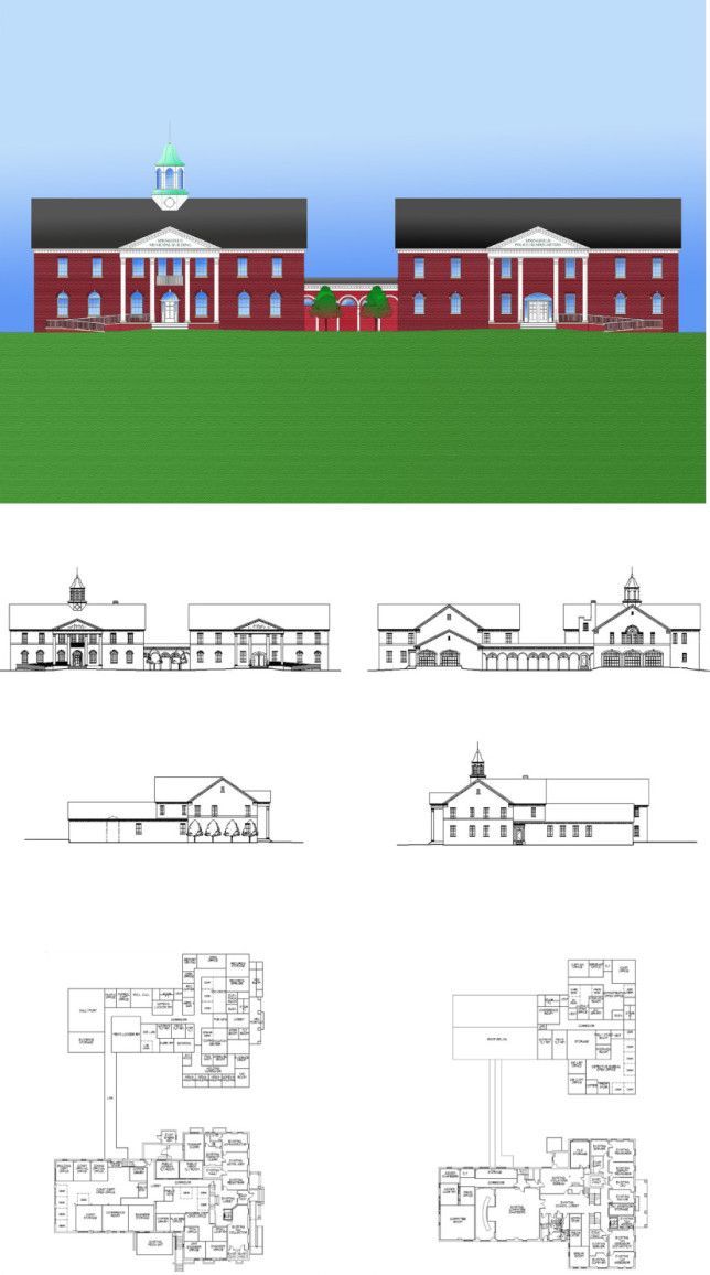 Architectural renderings and floor plans of a two-story red brick building with a central cupola and a green lawn.