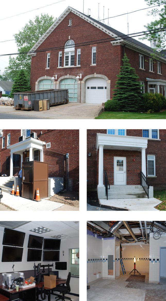 Exterior and interior views of a renovated historic brick firehouse with a control room and construction area.