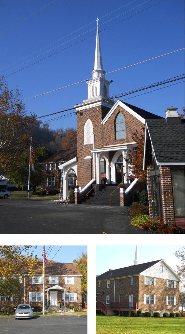 A collage showing a brick church with a steeple and two surrounding multi-story brick buildings on a sunny day.