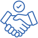 Blue line-art icon of a handshake with a checkmark in a circle above it, symbolizing agreement or a successful deal.