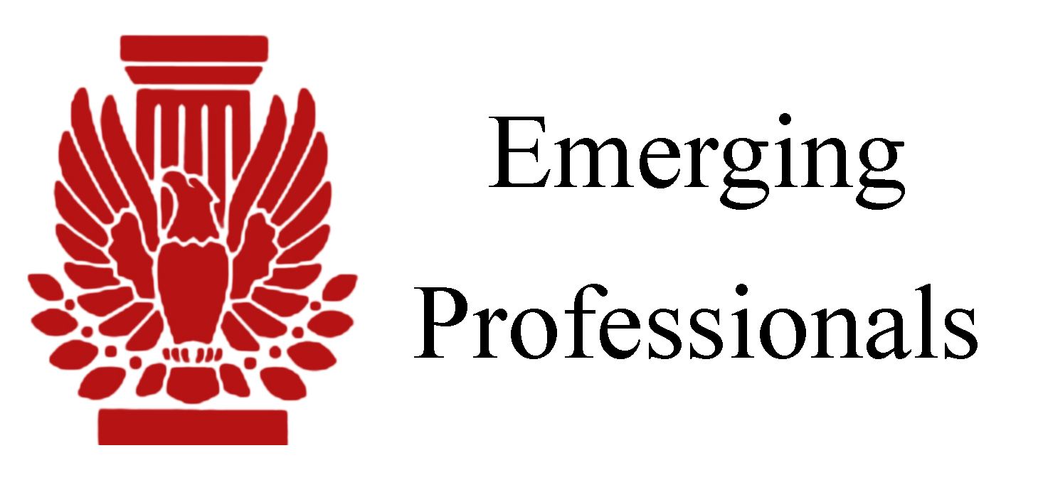 Red logo featuring an eagle on a column, next to the words 