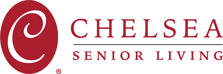 Logo for Chelsea Senior Living featuring a white stylized "C" on a red oval next to the company name in red text.