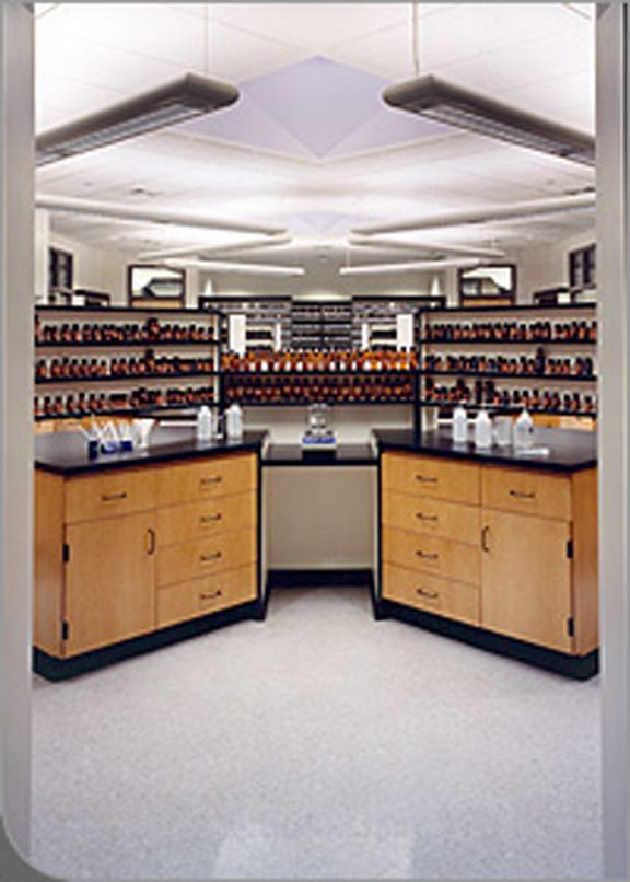 A symmetrical view of a laboratory with wooden cabinets, black countertops, and shelves filled with glass reagent bottles.