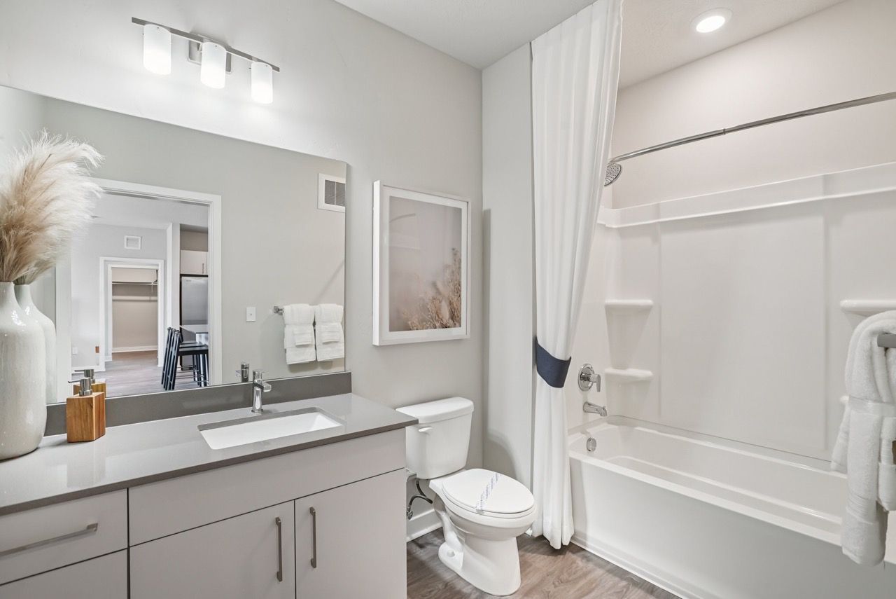 Modern apartment bathroom with vanity, mirror, toilet, and bathtub with a shower curtain.