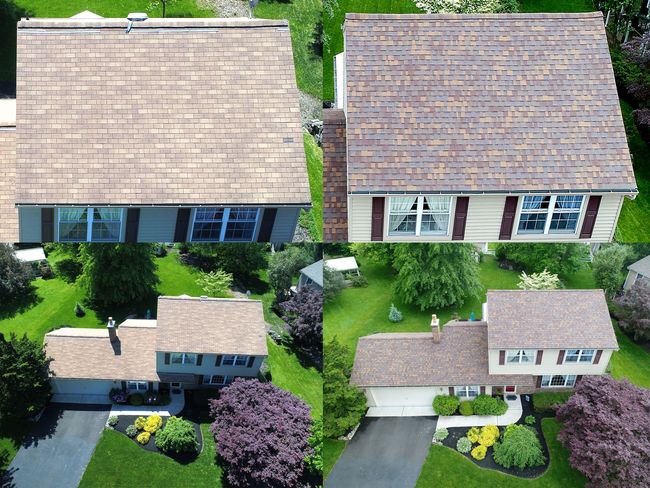 An aerial view of a house before and after being painted