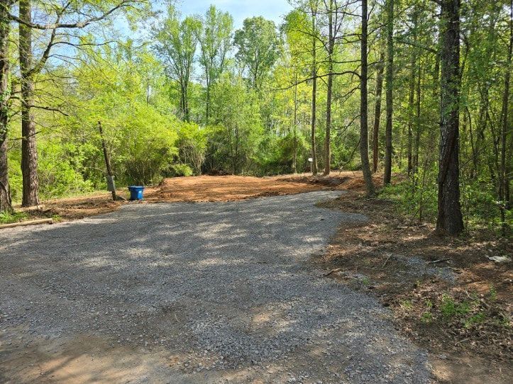 A gravel road in the middle of a forest surrounded by trees.