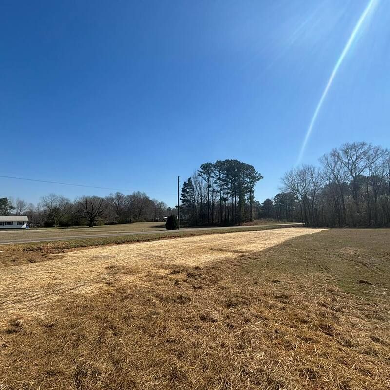 A dirt road going through a field with trees in the background