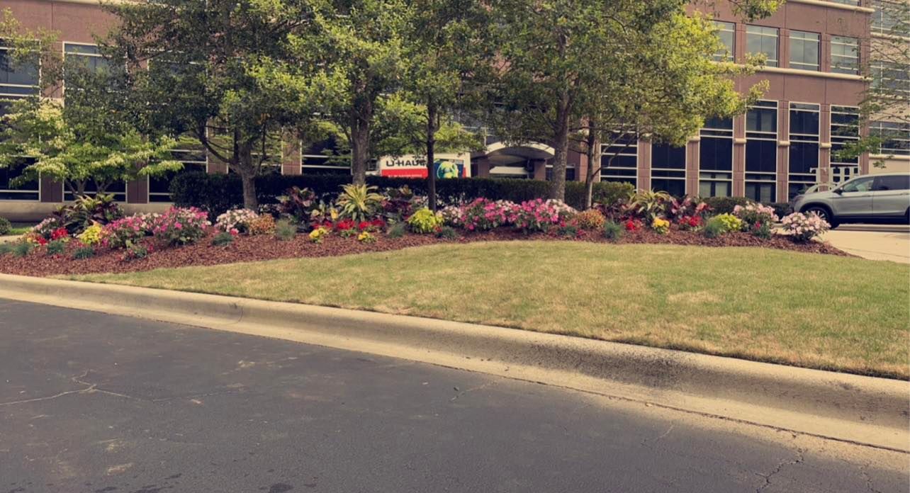 A car is parked in front of a building with flowers in front of it.