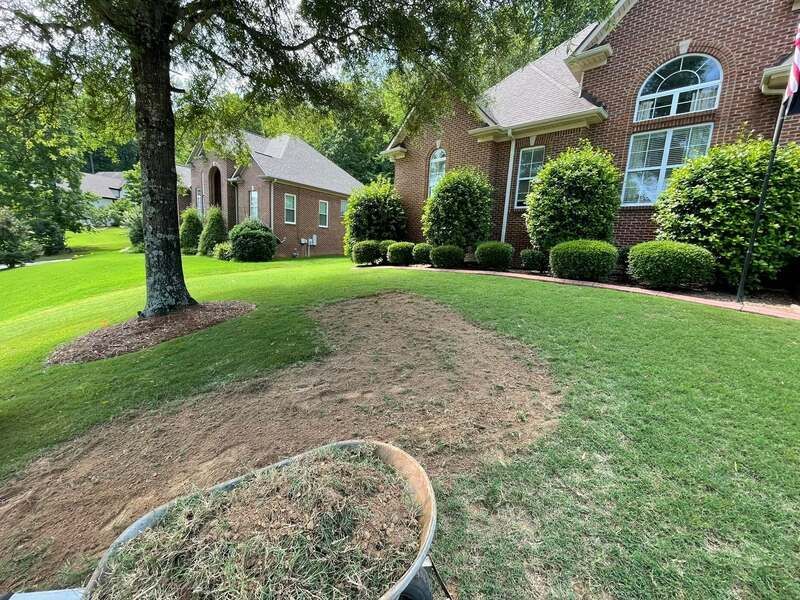 A bucket of grass is sitting in front of a brick house.