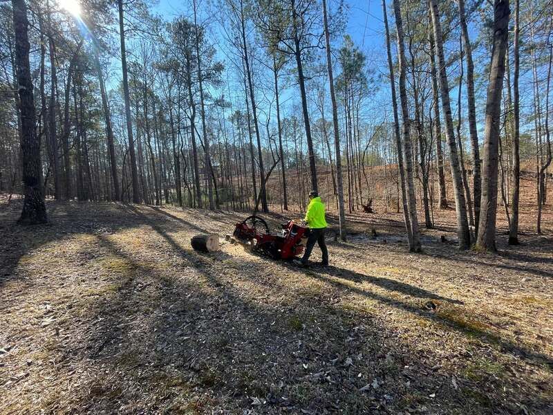 A man is standing next to a lawn mower in the woods.