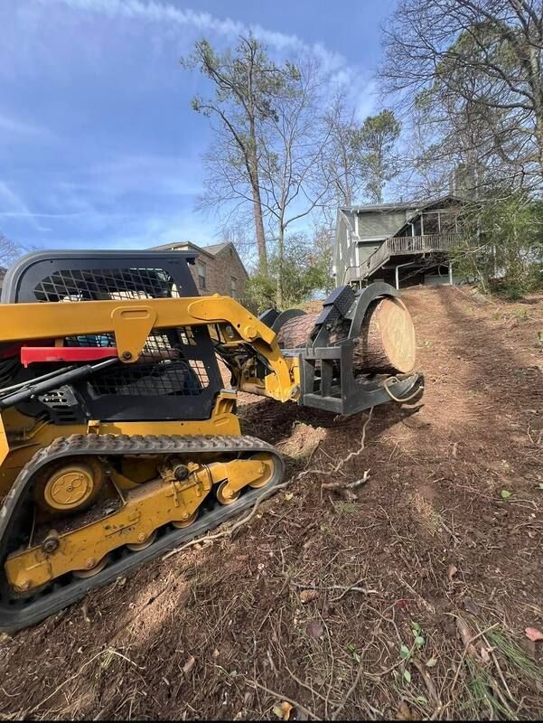 Excavation equipment carrying a log on a dirt road.