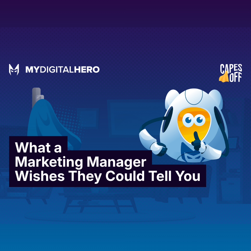 Blue marketing banner with cartoon character and text: “What a Marketing Manager Wishes They Could Tell You”