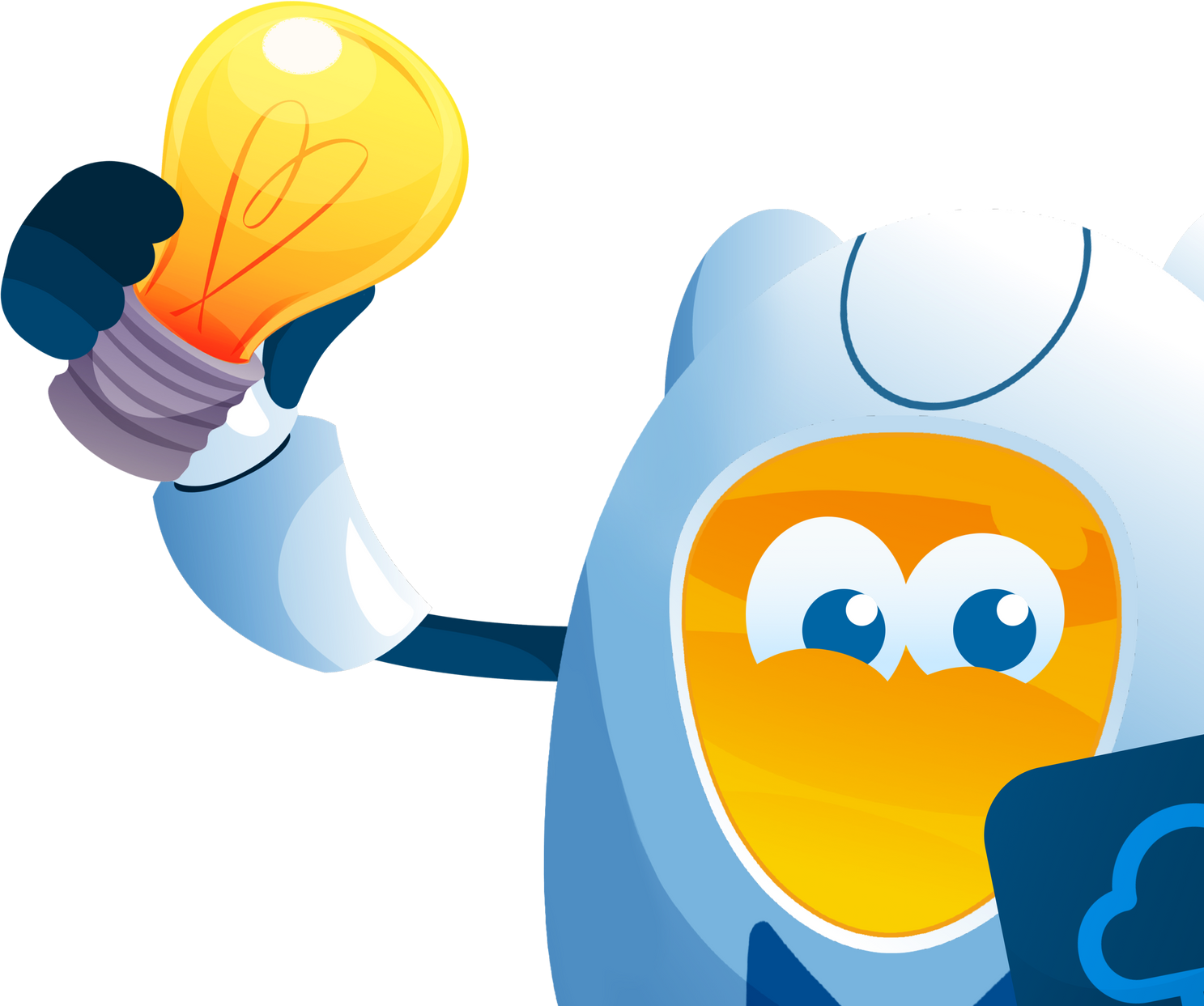 Cartoon robot holding a glowing yellow light bulb, suggesting an idea or innovation