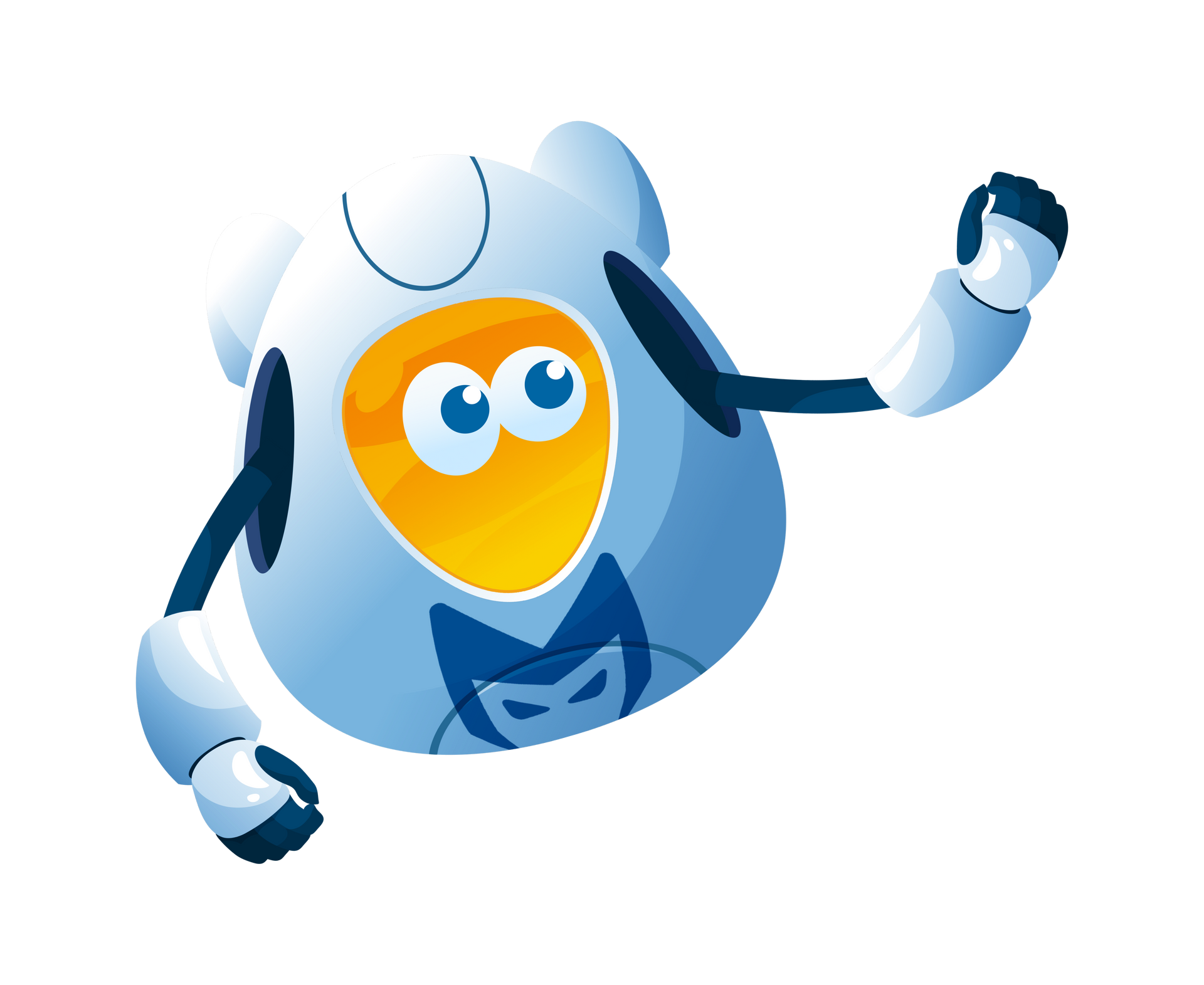 Cartoon blue robot with a yellow face, waving and smiling