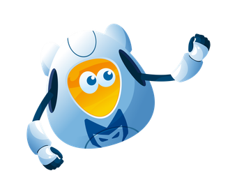 Blue cartoon robot with a smiling orange face, raising one arm