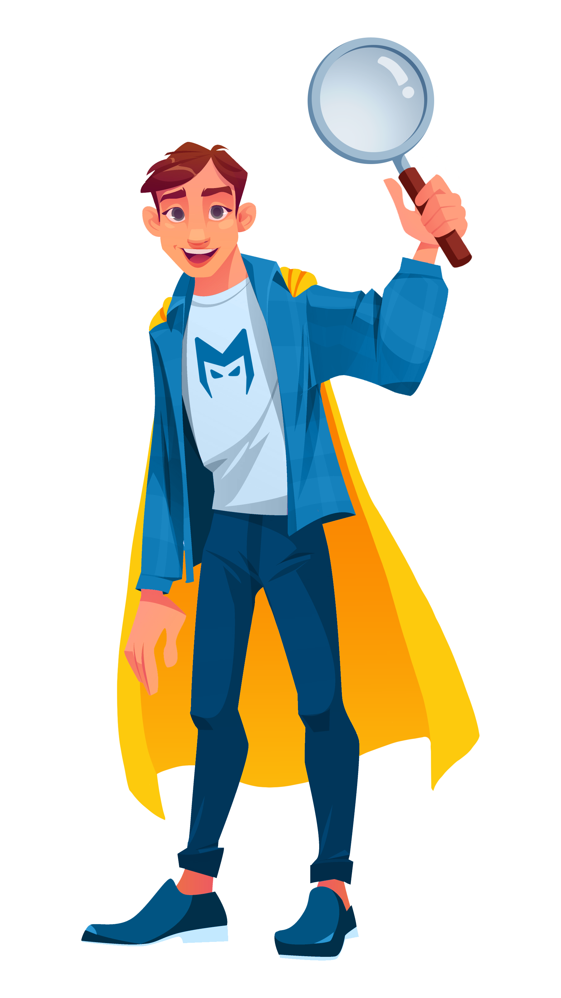 Cartoon detective in blue coat and yellow cape holding a magnifying glass