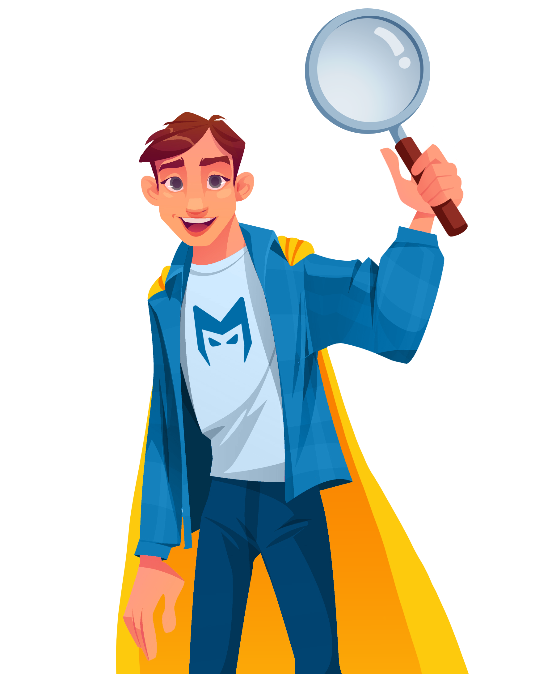Cartoon scientist in a blue coat holding up a magnifying glass and smiling