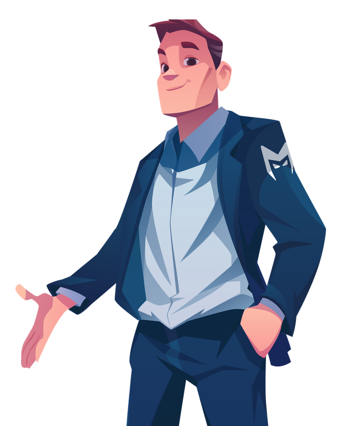 Stylized man in a blue jacket and jeans, standing with one hand in his pocket and the other gesturing