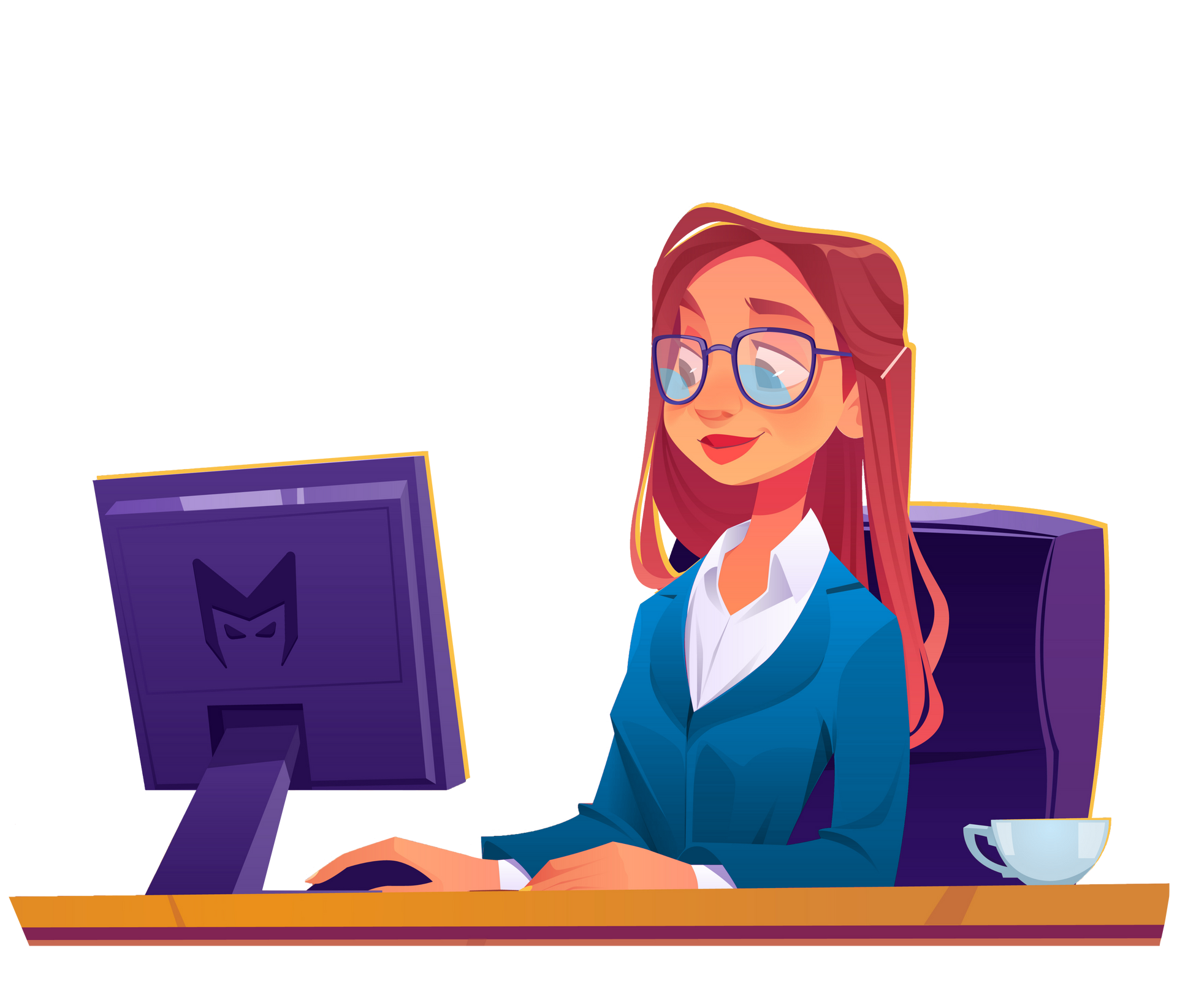 Woman at a desk using a computer, with a monitor, keyboard, and coffee cup in a purple office.