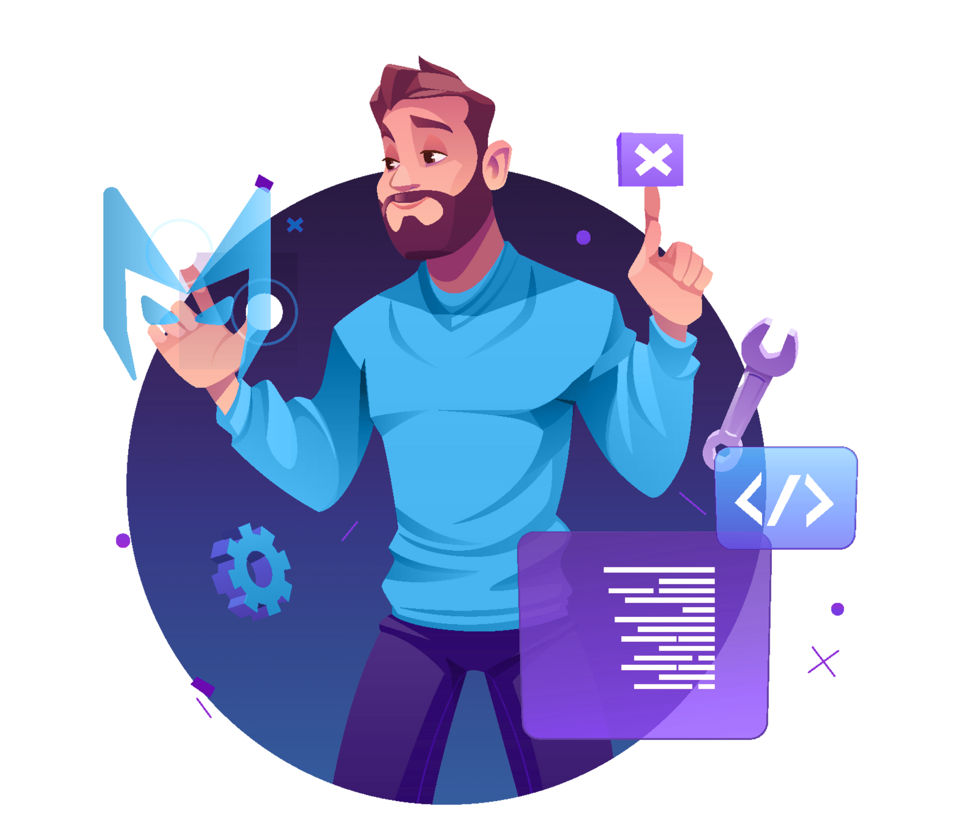 Illustration of a bearded developer holding tools and code icons on a purple background