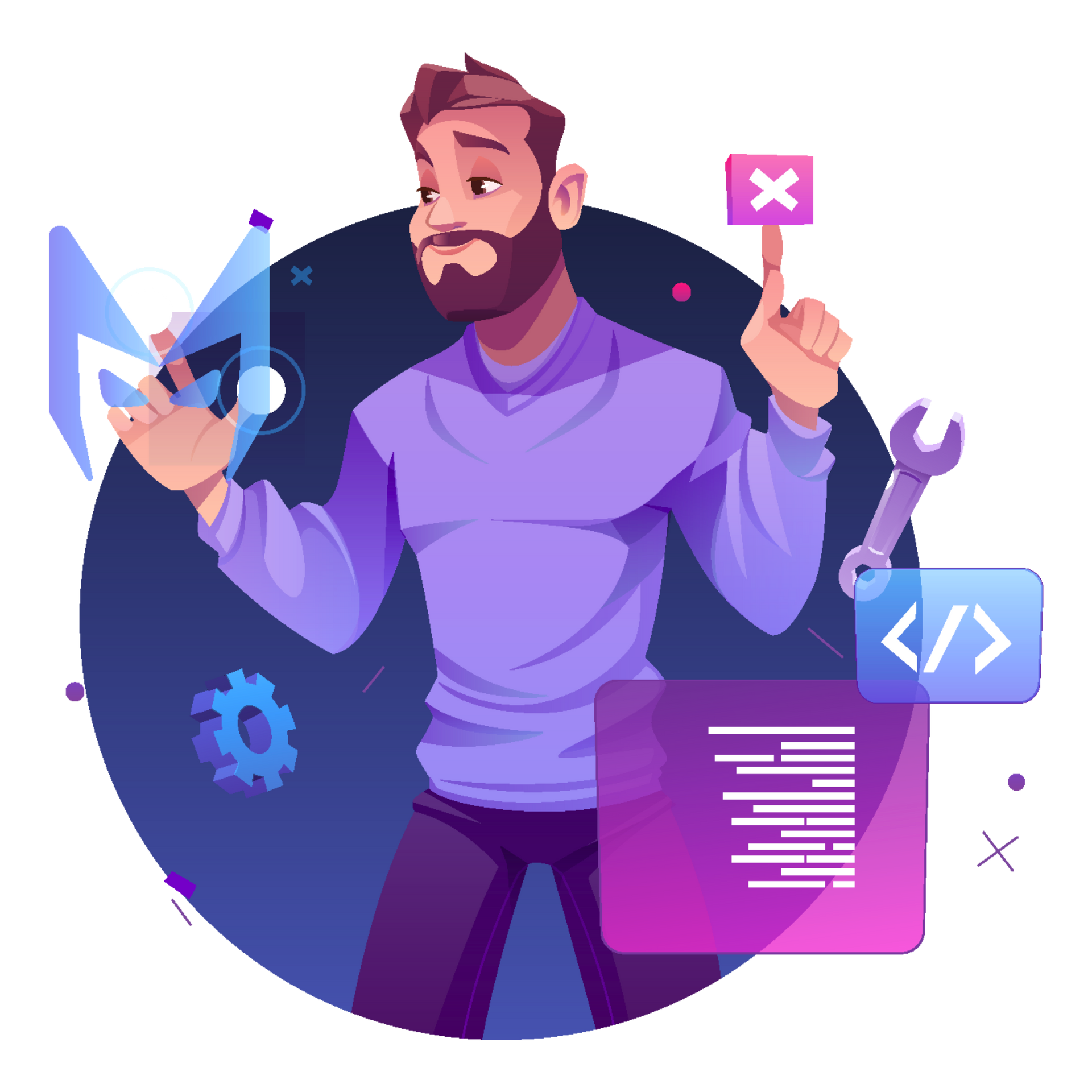 Developer holding a phone with coding icons and tools on a purple tech-themed background