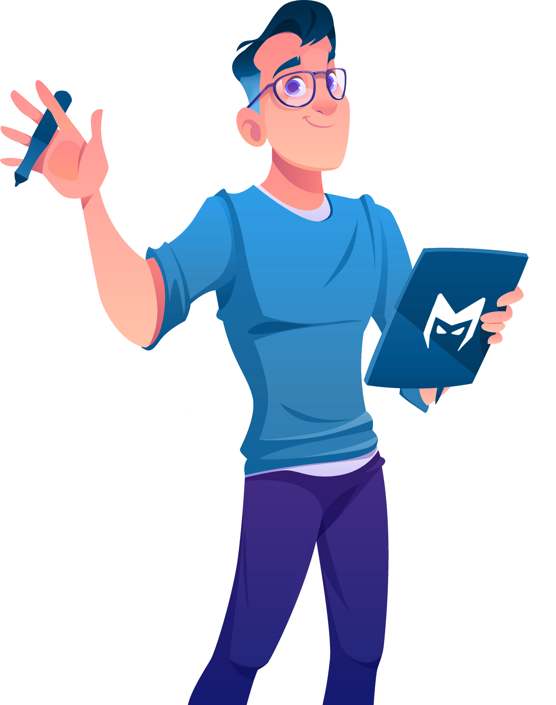 Cartoon person in blue shirt holding a tablet with a stylized M logo and waving a pen