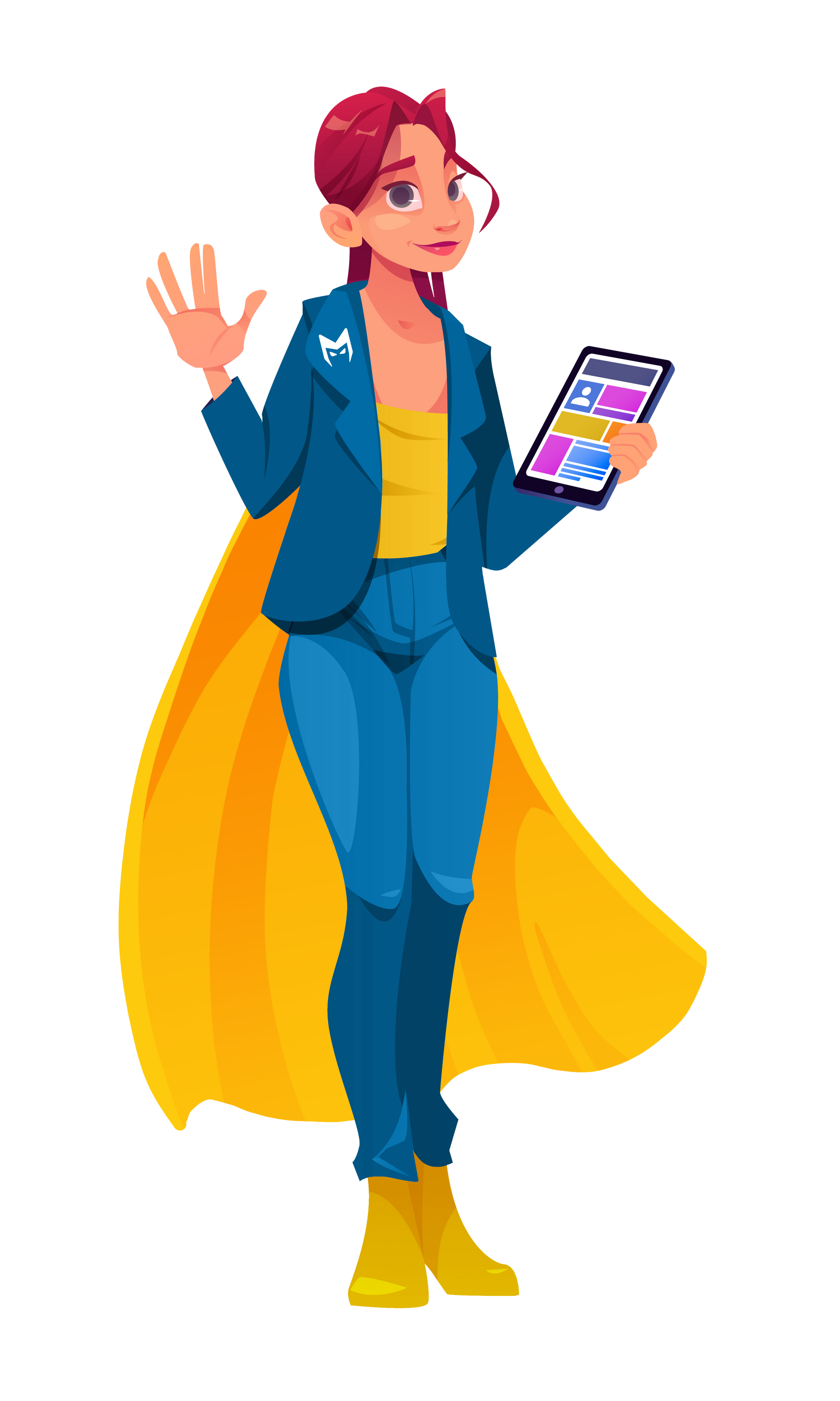 Woman in a blue suit and yellow cape waving while holding a smartphone.