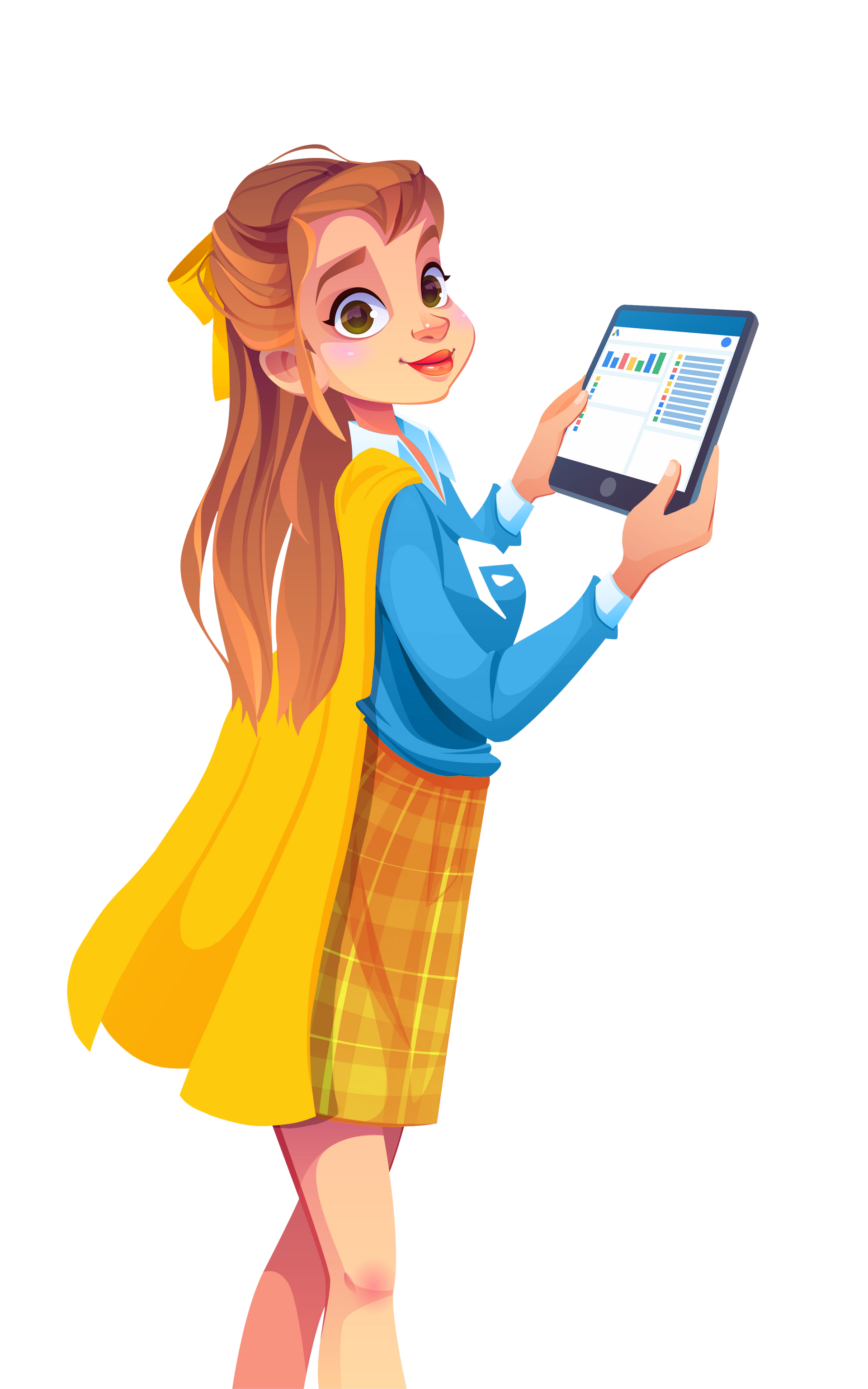 Cartoon girl in blue and yellow outfit holding a tablet and smiling at the screen
