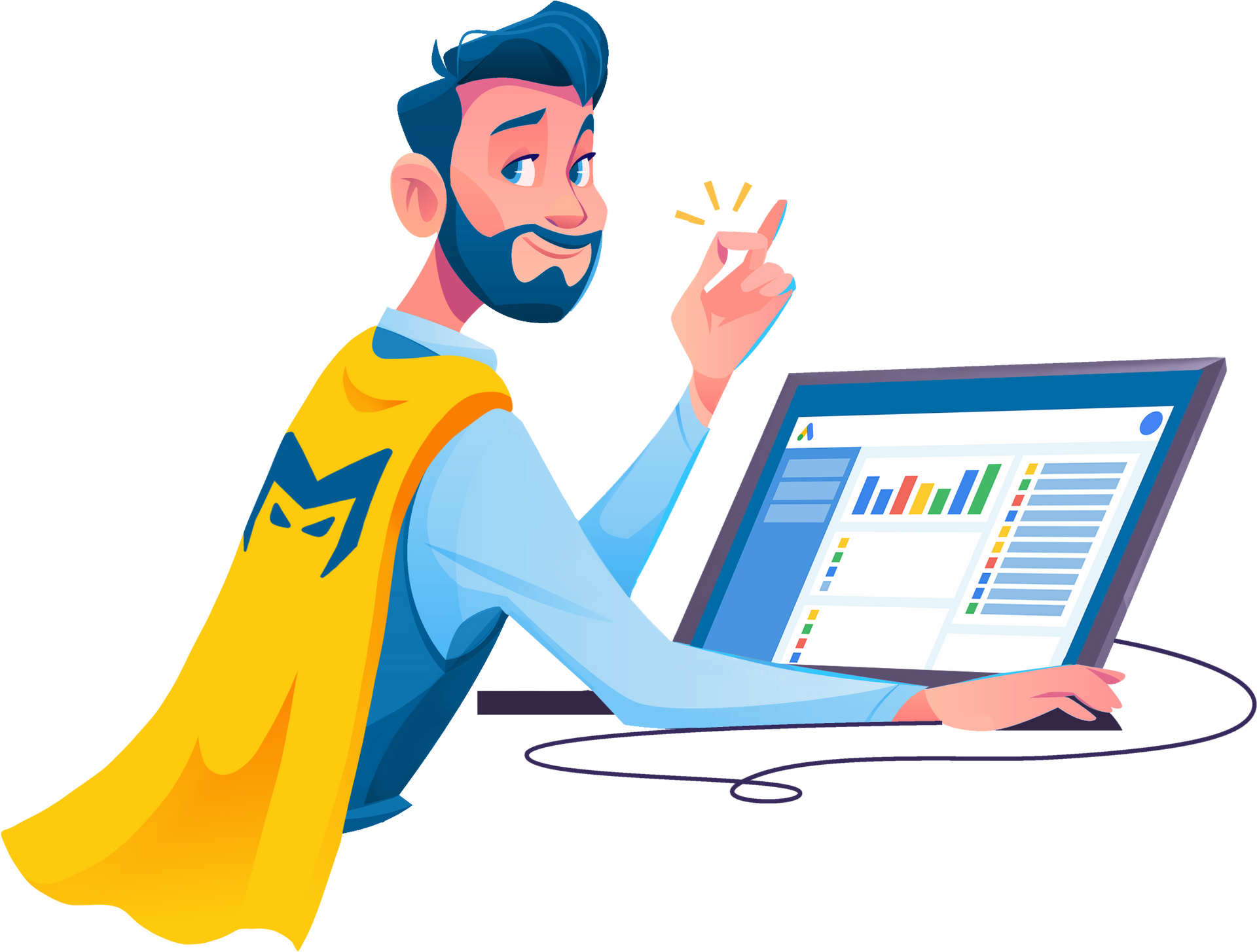 Man in blue shirt and yellow cape pointing at a laptop with analytics charts