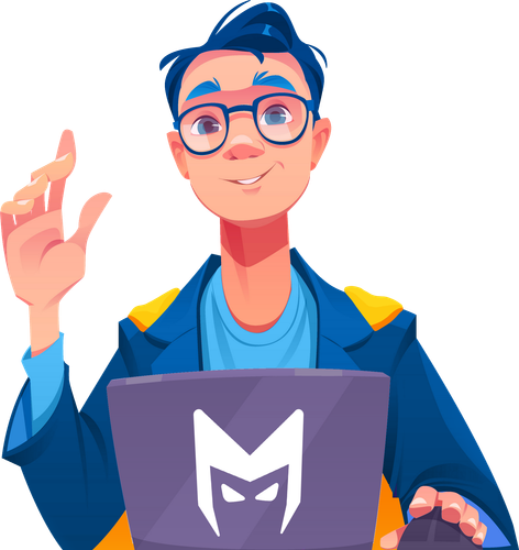 Smiling cartoon developer with glasses behind a purple laptop, raising one hand