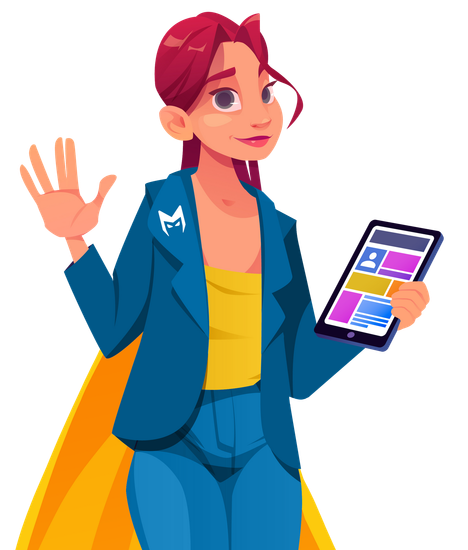 Cartoon presenter in blue suit holding a smartphone and waving, with a yellow cape