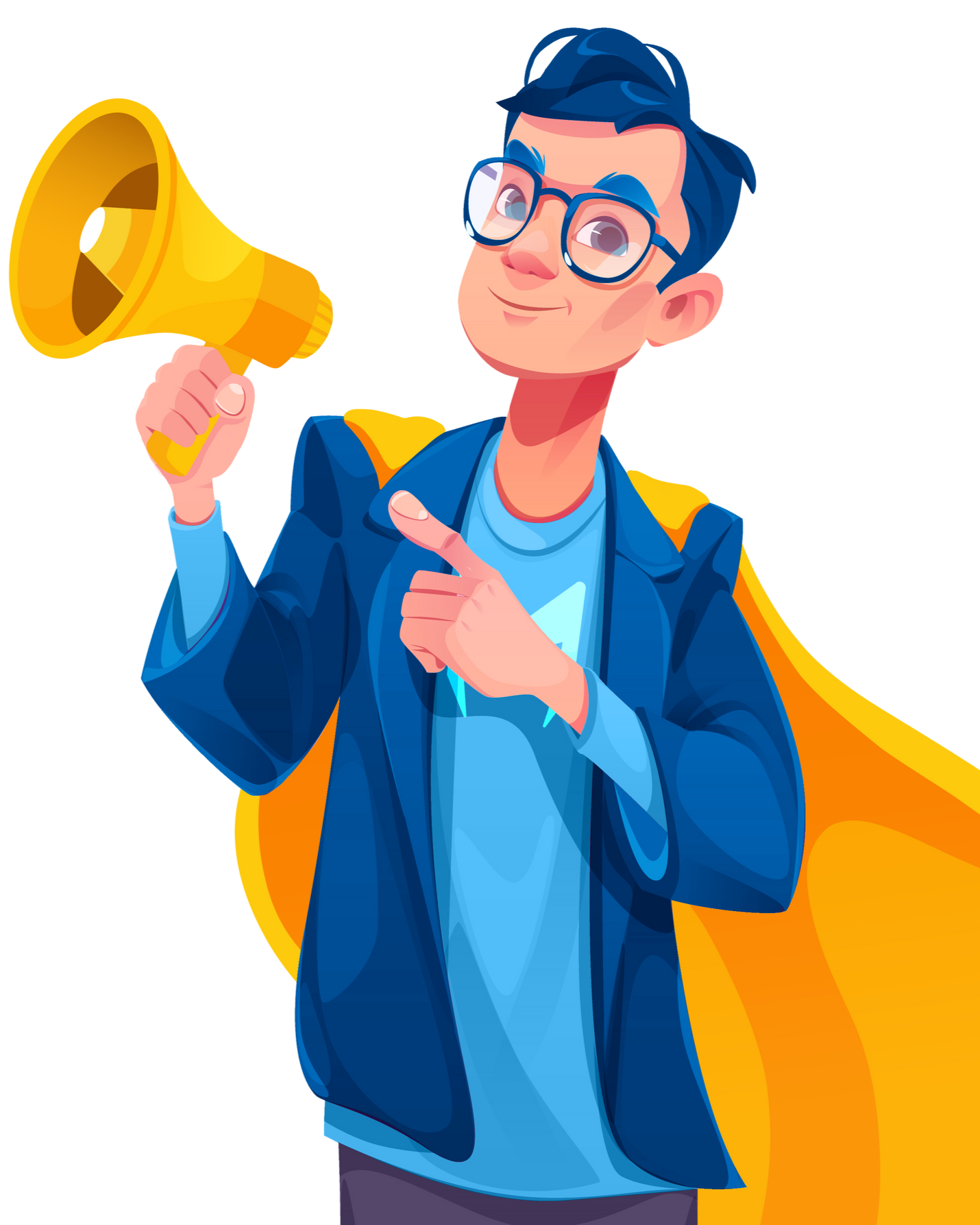 Person in glasses holding a yellow megaphone and pointing, wearing blue jacket and cape.