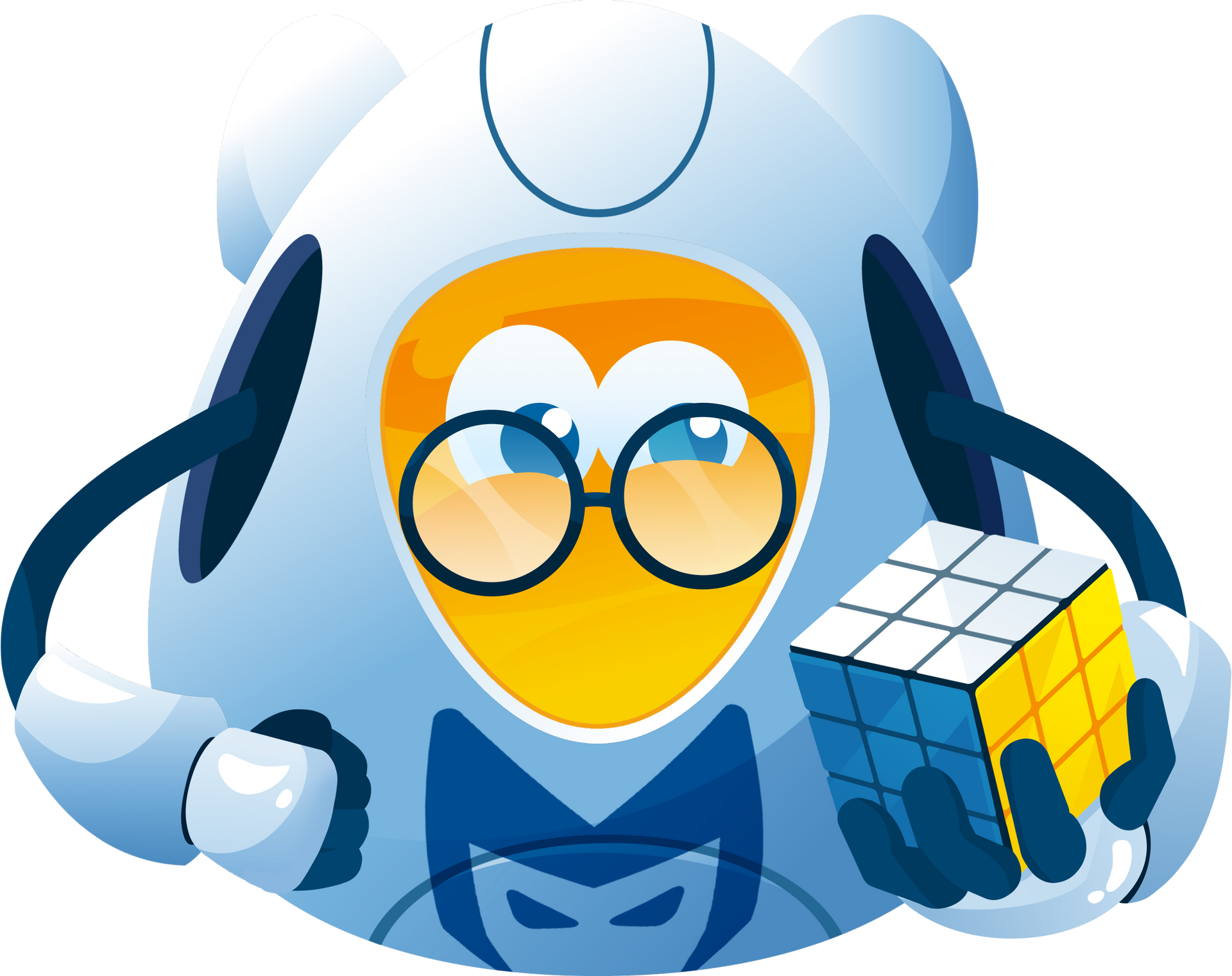 Blue cartoon robot with yellow face, raised arms, and a large flowing blue cape