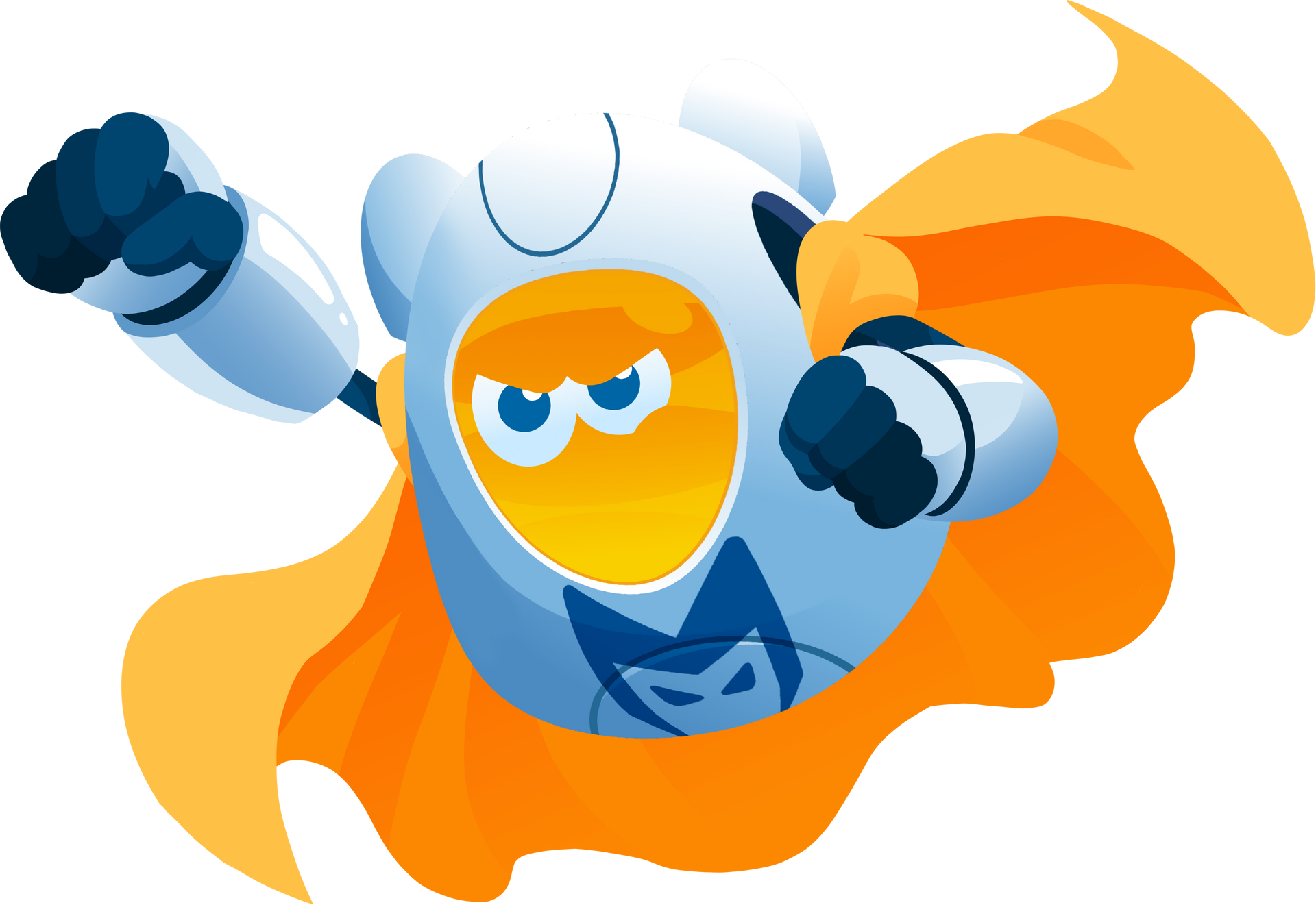 Blue cartoon robot with yellow face, raised arms, and a large flowing blue cape