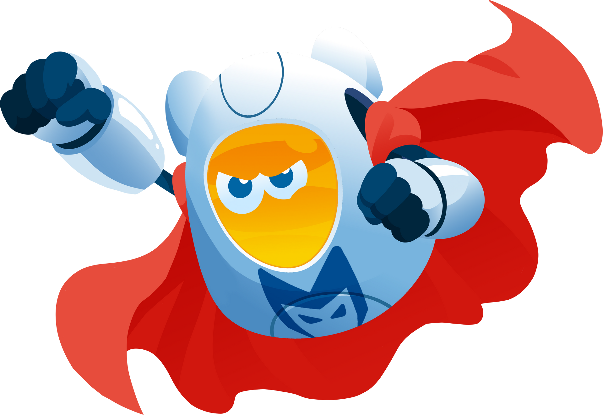 Blue cartoon robot with yellow face, raised arms, and a large flowing blue cape