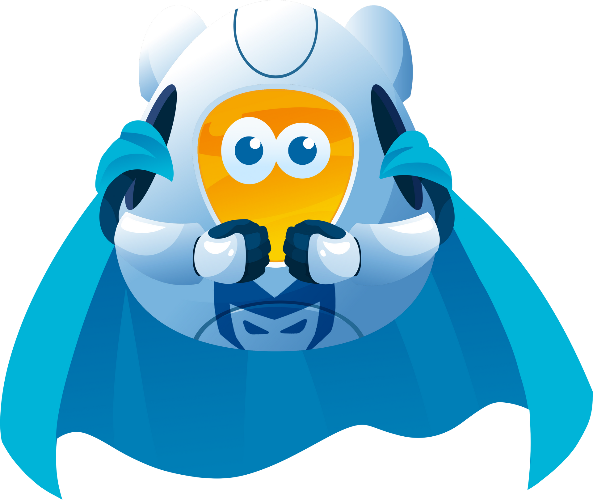 Cartoon superhero in blue and red flying forward with a determined expression